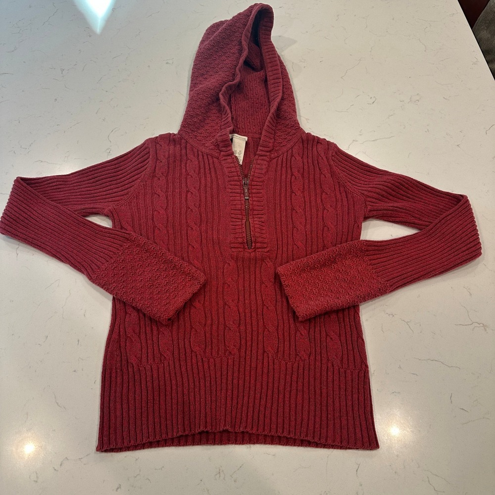 Y2K DKNY Jeans Womens XS Burgundy Cable Knit Quarter Zip Hooded Sweater Pullover